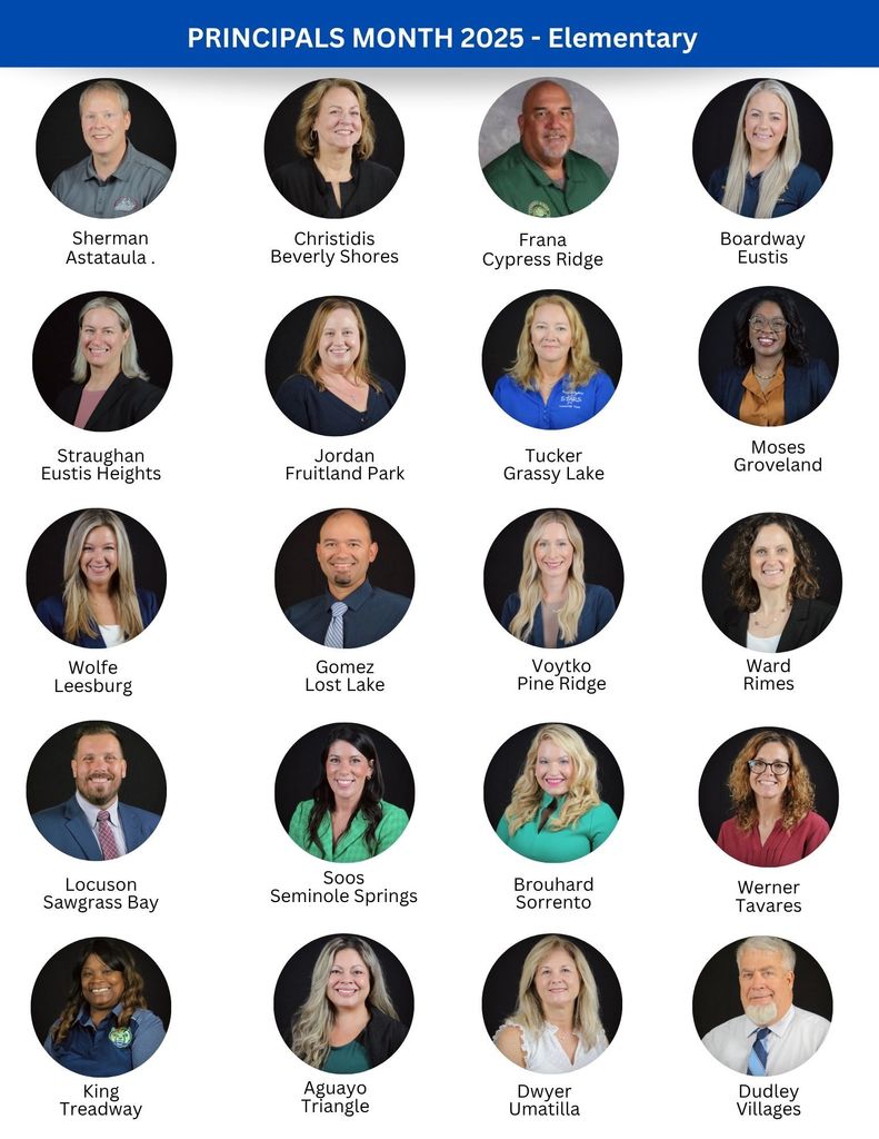 Headshots of all LCS elementary principals. Wording says "Principals Month 2025 - Elementary"