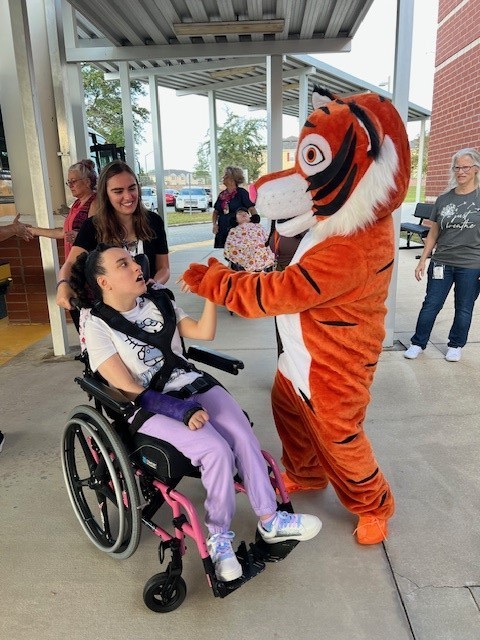 Howey the Tiger helping at arrival this morning