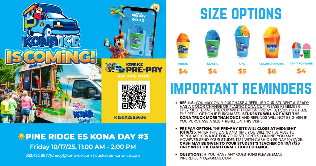 Kona Ice is Coming to Pine Ridge Friday 10/17/25.