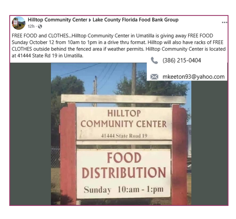 A flyer for the “Food & Clothing Giveaway” in Umatilla on October 12, 2025. The flyer includes event details such as free groceries and clothing for families, beginning at 9:00 a.m., and encourages community participation. The design features bright, welcoming colors and images of food and clothing to highlight the event’s purpose.