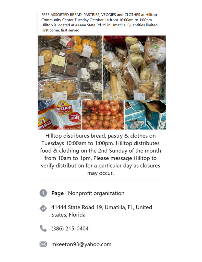 Flyer announcing a free bread and vegetables distribution event in Umatilla on October 14, 2025. The design features images of fresh produce and bread with event details for a community giveaway.