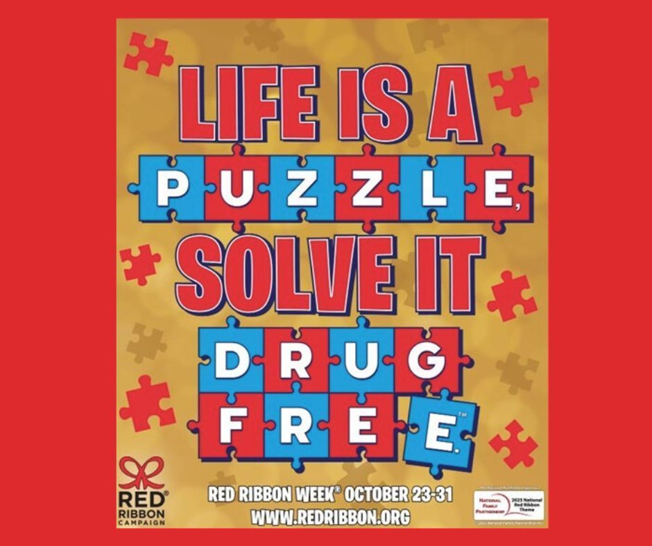 Image of puzzle pieces with wording that says, "Life is a puzzle. Solve it drug-free."