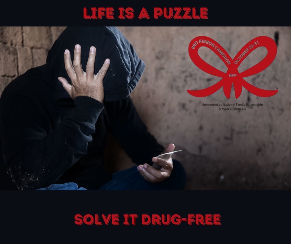 Picture of teen in black hoodie looking at cell phone. Wording says Life is a puzzle, solve it drug-free.