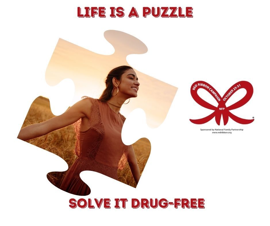 Teen girl posted smiling in a puzzle piece frame. Wording says Life is a Puzzle. Solve it Drug-Free. 
