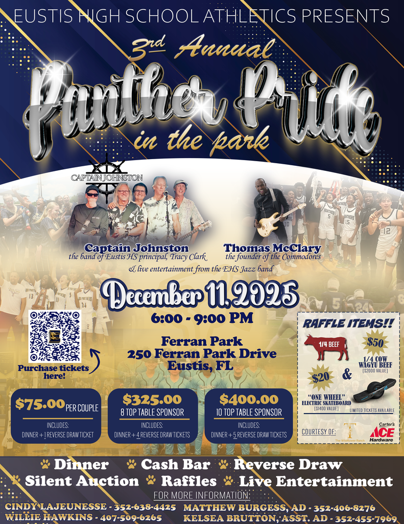 Panther Pride in the Park December 11th. $75 per couple, $325 8 top table, $400 10 to table.