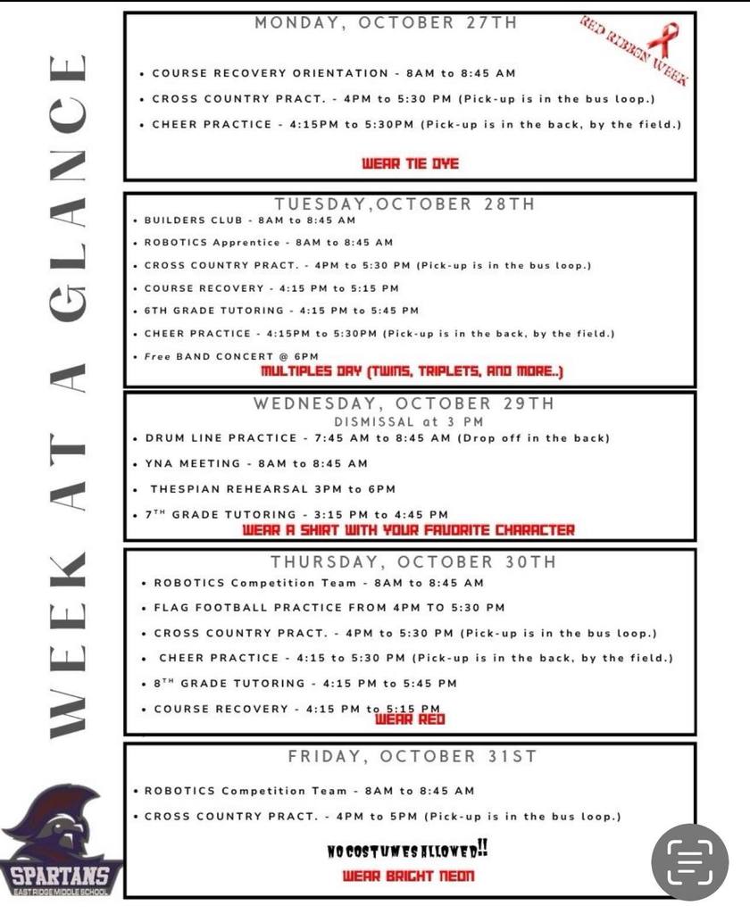 Calendar of events for October 27th- October 31st