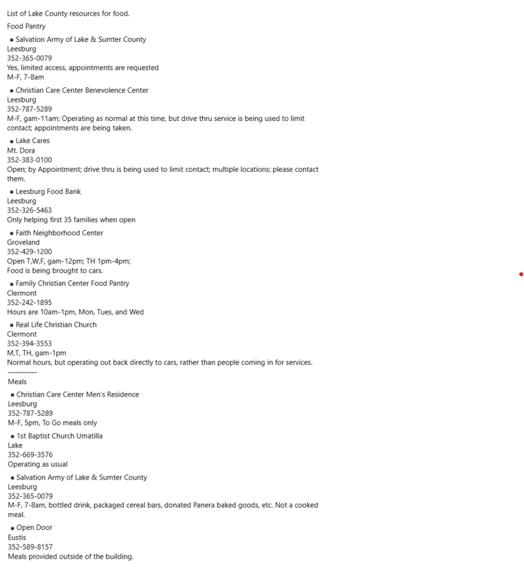 A list of Lake County Resources for Food