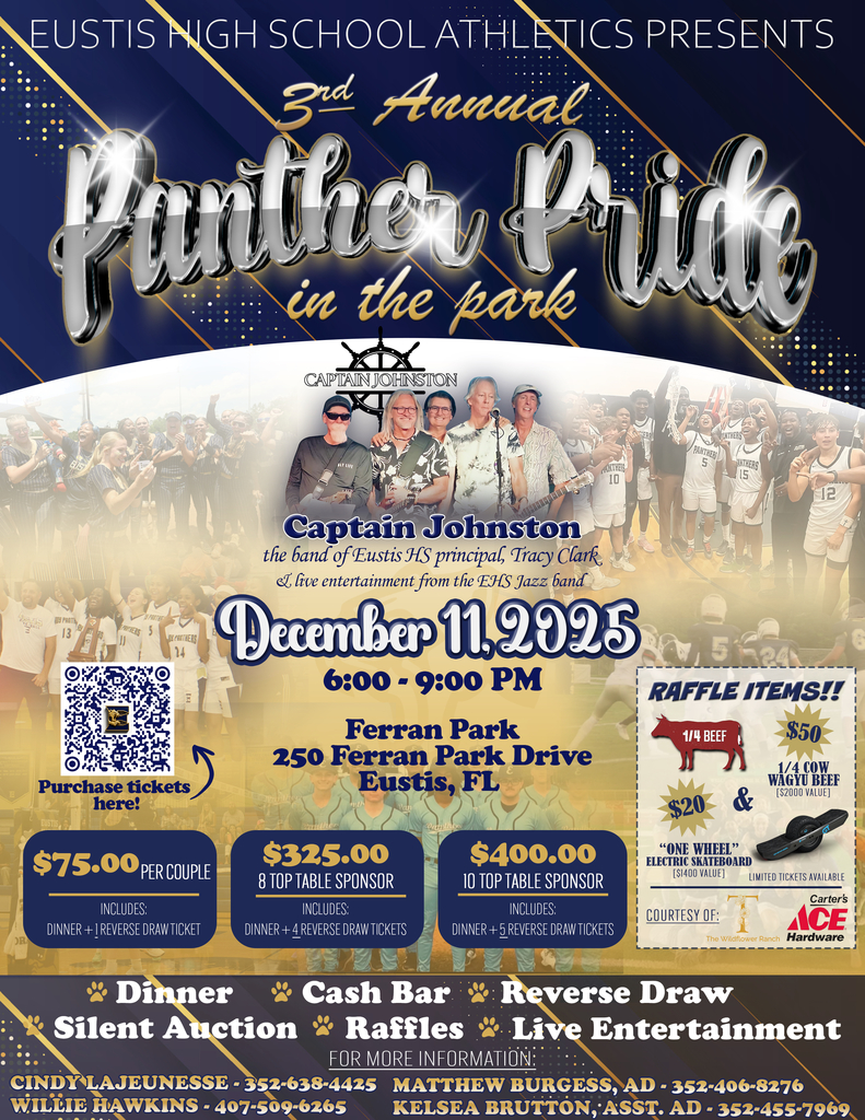 Panther Pride in the Park December 11th. $75 per couple, $325 8 top table, $400 10 to table.