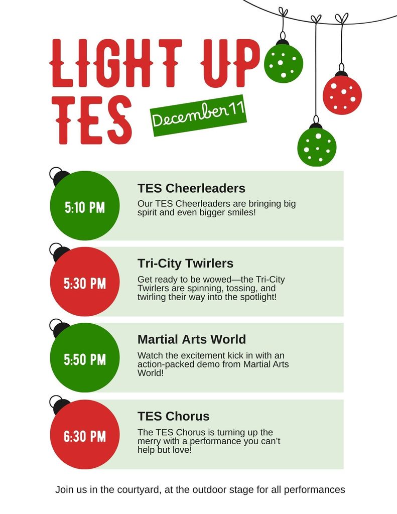 Cheerleaders perform at 5:10pm, Tri-City Twirlers will perform at 5:30pm, Martial Arts World has a demonstration at 5:50pm and we close out the night with TES Chorus at 6:30pm