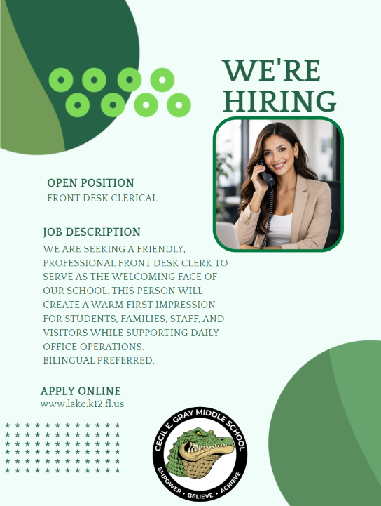 Hiring Front Desk Clerical 