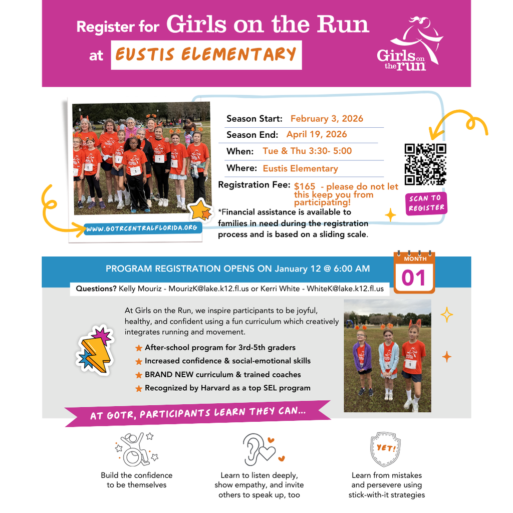 Girls on the Run flyer with QR code to sign your third through fifth grader up. 