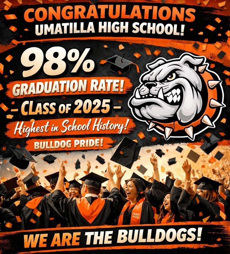A group of Umatilla High School graduates in black caps and gowns with orange stoles celebrate by throwing their graduation caps into the air as orange and black confetti falls around them. A large bulldog mascot graphic appears on the right side of the image, representing the school’s Bulldog pride.