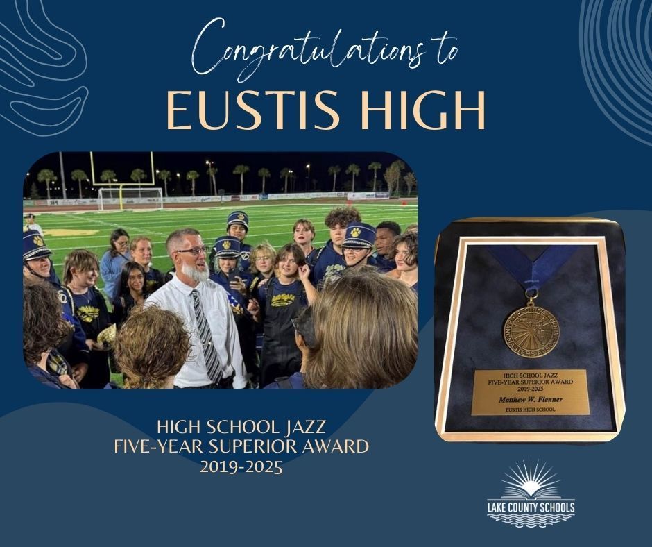 Band leader Matthew Flenner with band an a plaque that says "High School Jazz Five-Year Superior Award, 2019-2025, Matthew Flenner, Eustis High School"