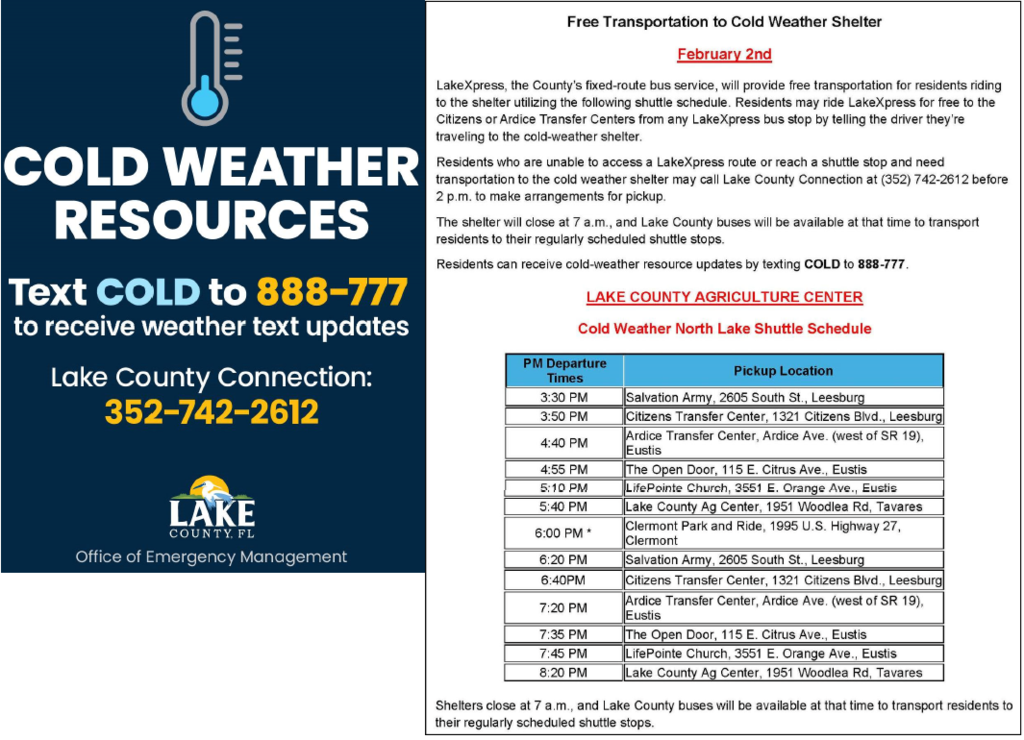 Flyer announcing a Cold Weather Overnight Shelter in Lake County for February 2, offering a warm, safe place to stay. It highlights free LakeXpress bus rides to the shelter, transportation help through Lake County Connection (352-742-2612 before 2 PM), the shelter location at the Lake County Agriculture Center in Tavares, 7:00 AM morning departure, and a text alert option by texting COLD to 888-777 for updates.