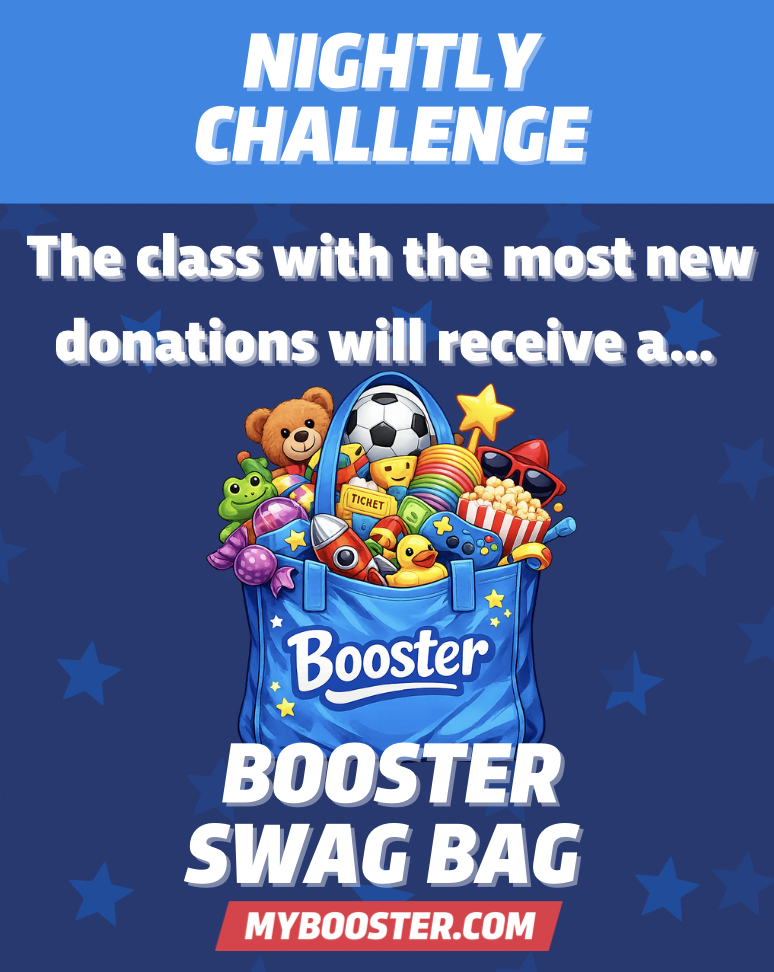 As a school, we have raised over $12,000! 🎉 We think we can make it even further to help our school reach our goal of $20,000 with our next challenge: The class with the most new donations tonight will receive a booster swag bag! This bag is filled with exclusive prizes that their class gets to keep for the entire year!