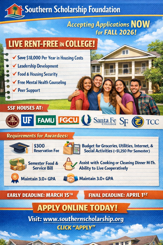 Flyer advertising free housing scholarships for Florida Universities.