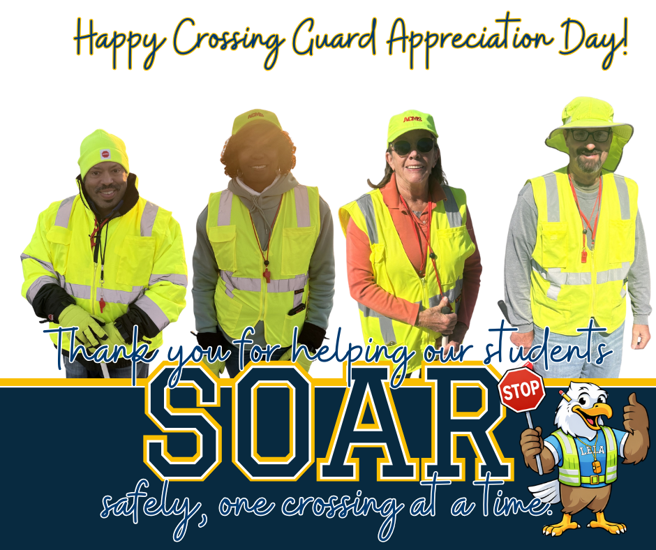 Photo of crossing guards with mascot