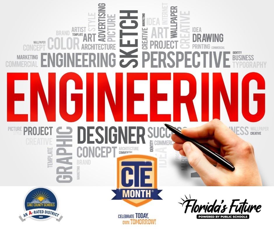 Engineering word map with words like designer, sketch, perspective, drawing and project featured. LCS, CTE Month and Florida's Future logos at the bottom. 