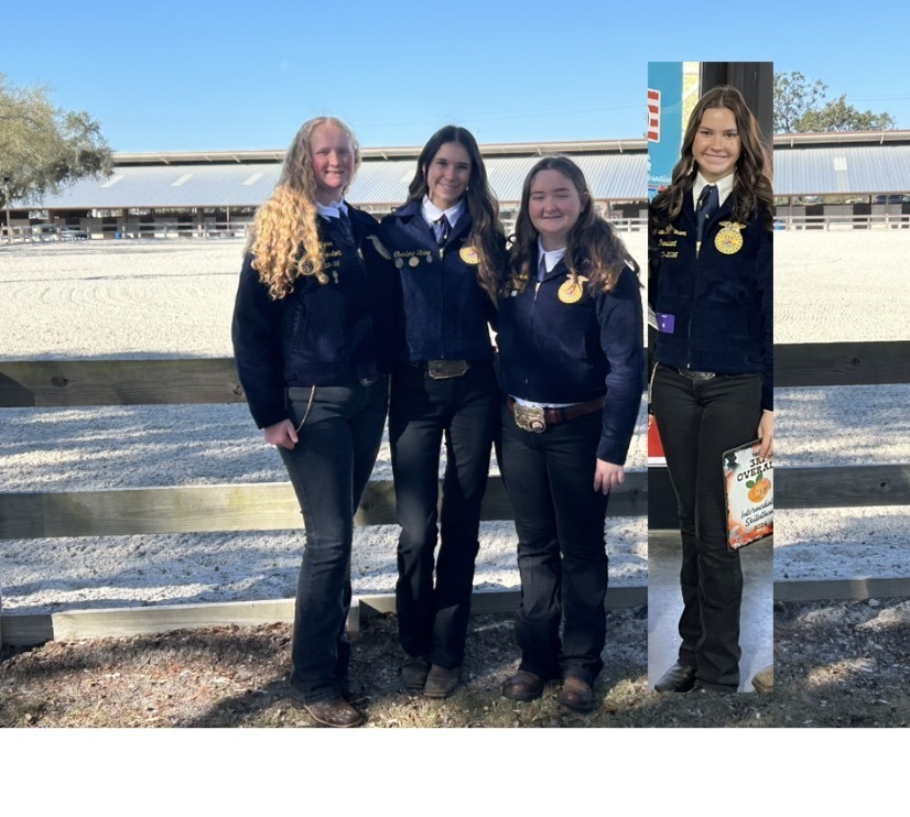 Three young ladies pose in front of a fence with one person added in digitally.