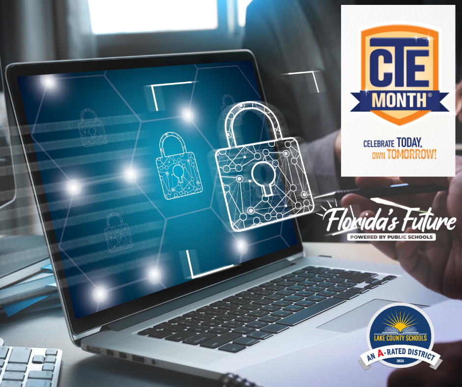 Laptop computer with drawing of a lock in the foreground and logos for LCS, Florida's Future, and CTE