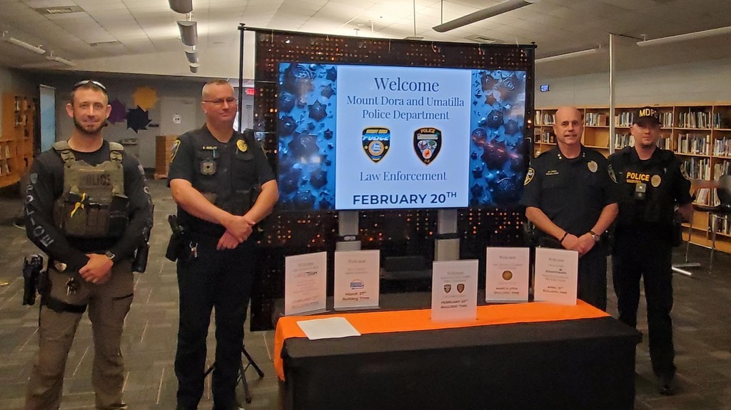 Representatives from Umatilla Police Department and Mount Dora Police Department speak at the UHS Bulldog Student Union as part of the  Career Talk series where students learn about real careers in the area.