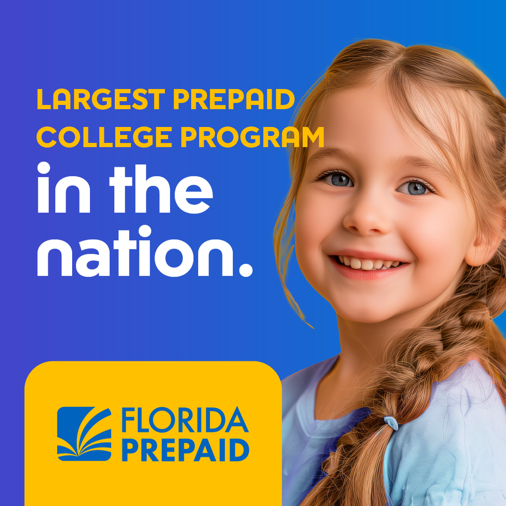 Largest prepaid college program in the nation. Florida Prepaid. Picture of smiling girl. 