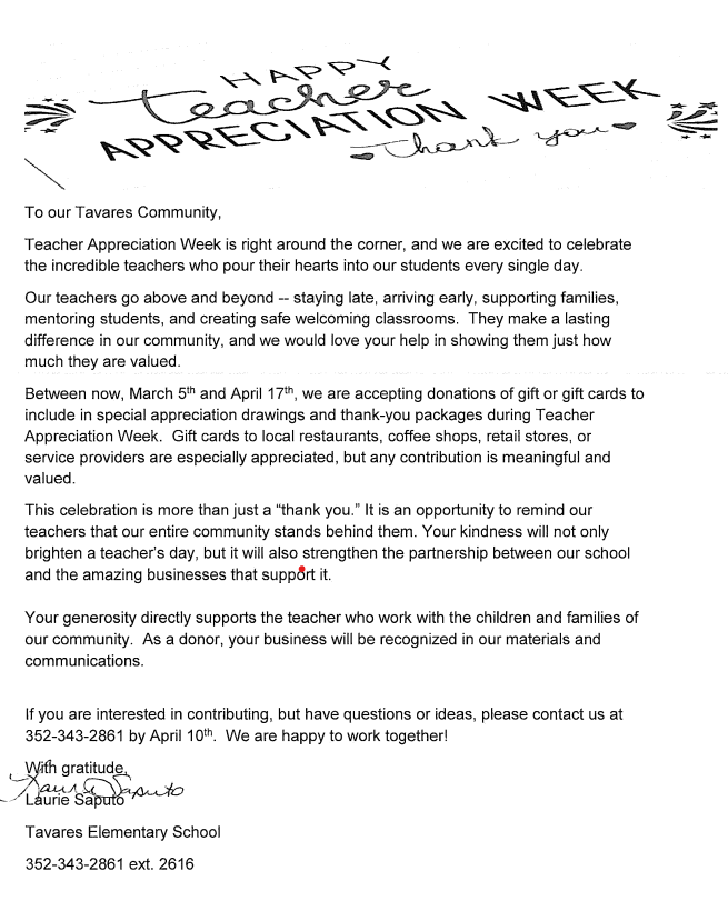 A letter requesting donations for teacher appreciation week.  Please contact Laurie Saputo for more information.