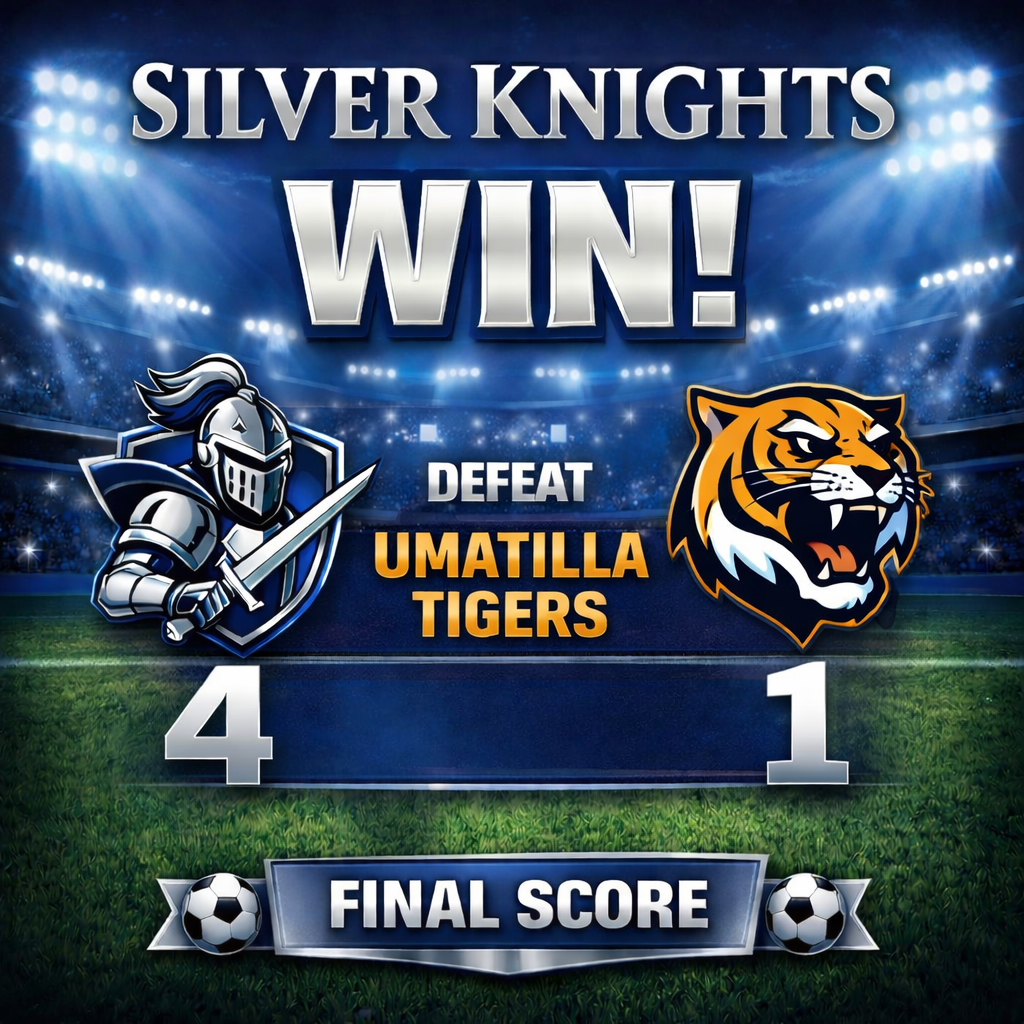Graphic celebrating a soccer victory. The Oak Park Middle School Silver Knights defeated the Umatilla Tigers with a final score of 4–1. The design features a silver knight mascot on the left, a tiger logo on the right, stadium lights in the background, and large text reading “Silver Knights Win” and “Final Score.”