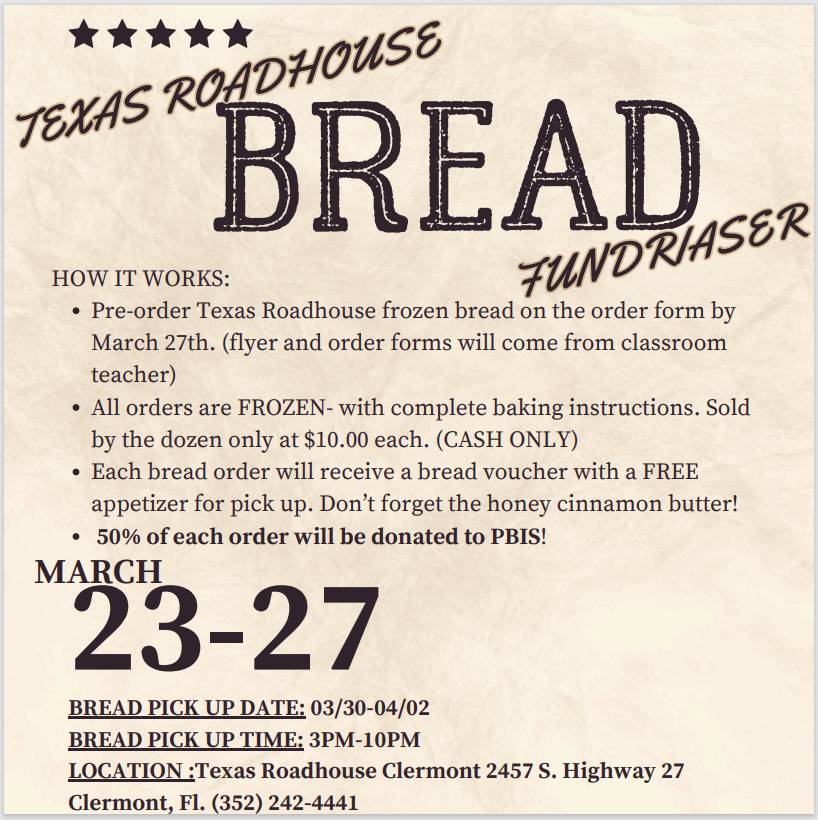 Texas Roadhouse Bread Fundraiser March 23-27th. 