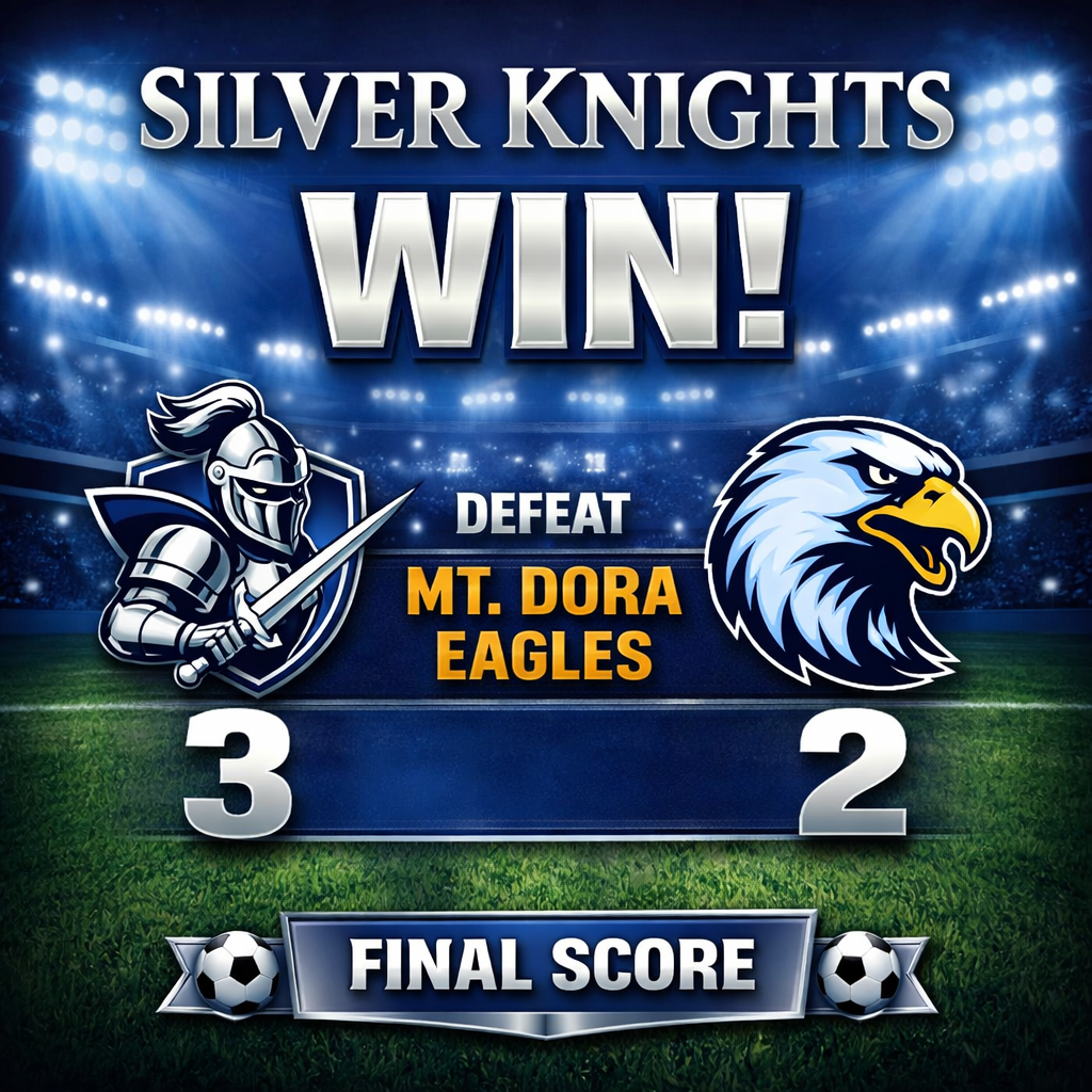 Graphic celebrating a soccer victory. The Oak Park Middle School Silver Knights defeated the Mt. Dora Eagles with a final score of 3–2. The design features a silver knight mascot on the left, an eagle logo on the right, a stadium background with bright lights, and large text reading “Silver Knights Win” and “Final Score.”