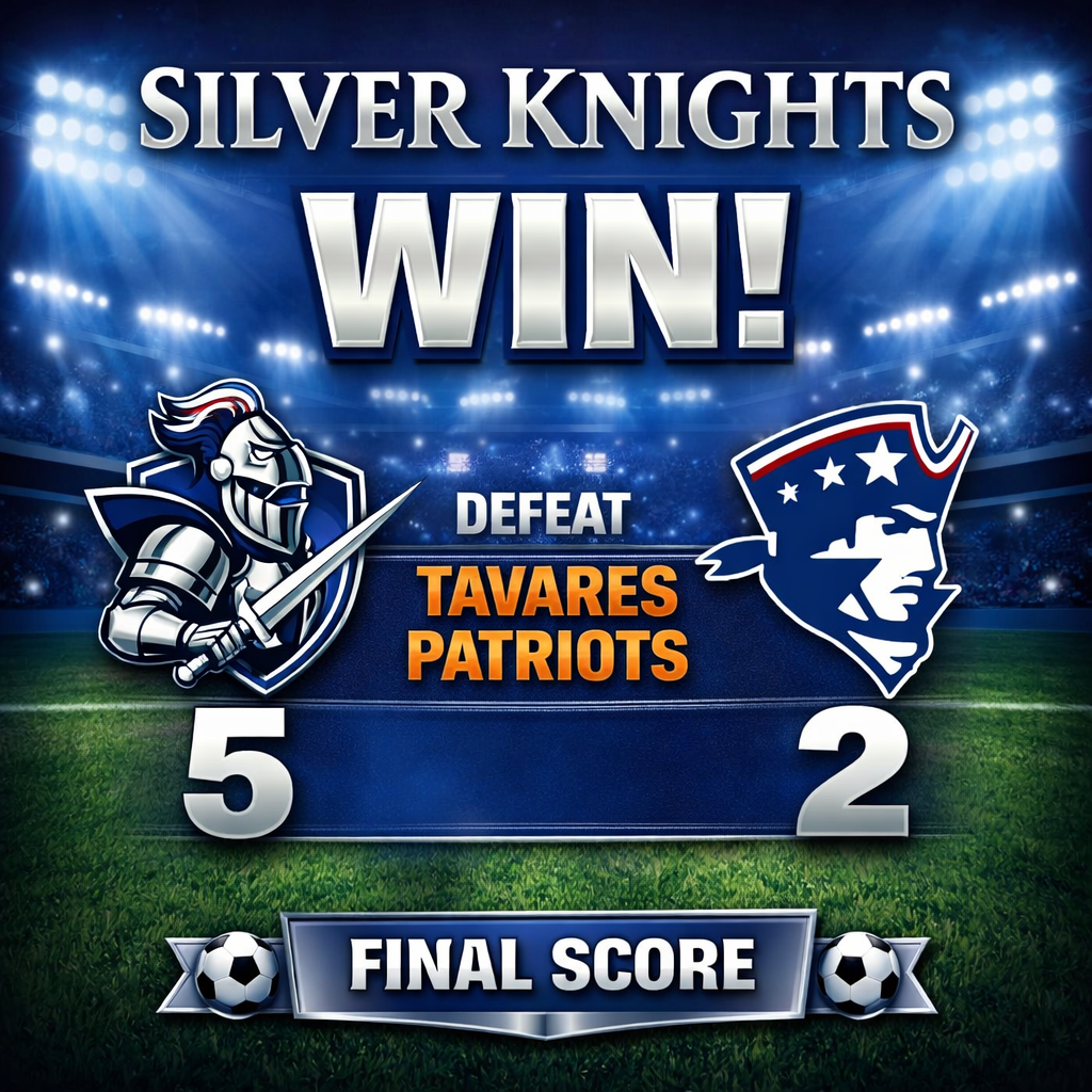 Graphic celebrating a soccer victory. Oak Park Middle School Silver Knights defeated the Tavares Patriots 5–2. The design shows a knight mascot on the left, a patriot logo on the right, a stadium background, and large text reading “Silver Knights Win” and “Final Score.”