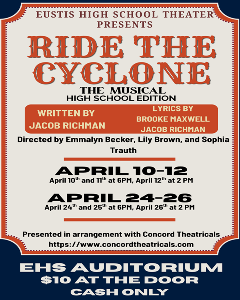 Ride the Cyclone Musical April 10-11 at 6pm April 12 at 2pm April 24-25 at 6pm April 26 at 2pm. Tickets $10 at the door.