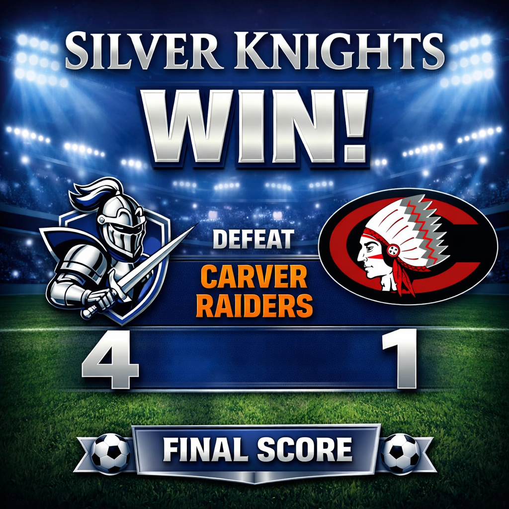 Graphic celebrating a soccer victory. Oak Park Middle School Silver Knights defeated the Carver Raiders with a final score of 4–1. The image shows a knight mascot on the left and the Carver Raiders logo on the right, with a stadium background and large text reading “Silver Knights Win” and “Final Score.”