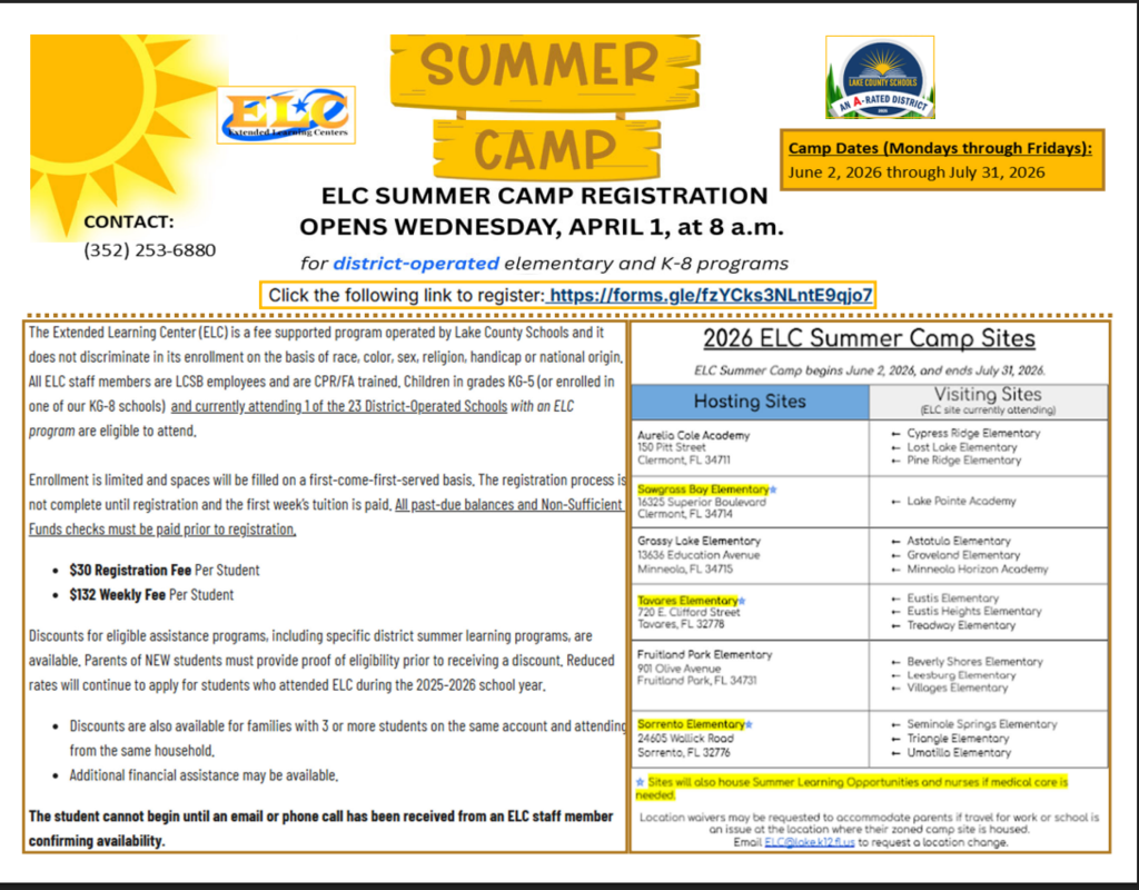 flyer to describe ELC Summer Camp regisrtation.  Registration opens April 1 at 8am.  The link to register is https://forms.gle/fzYCks3NLntE9qjo7