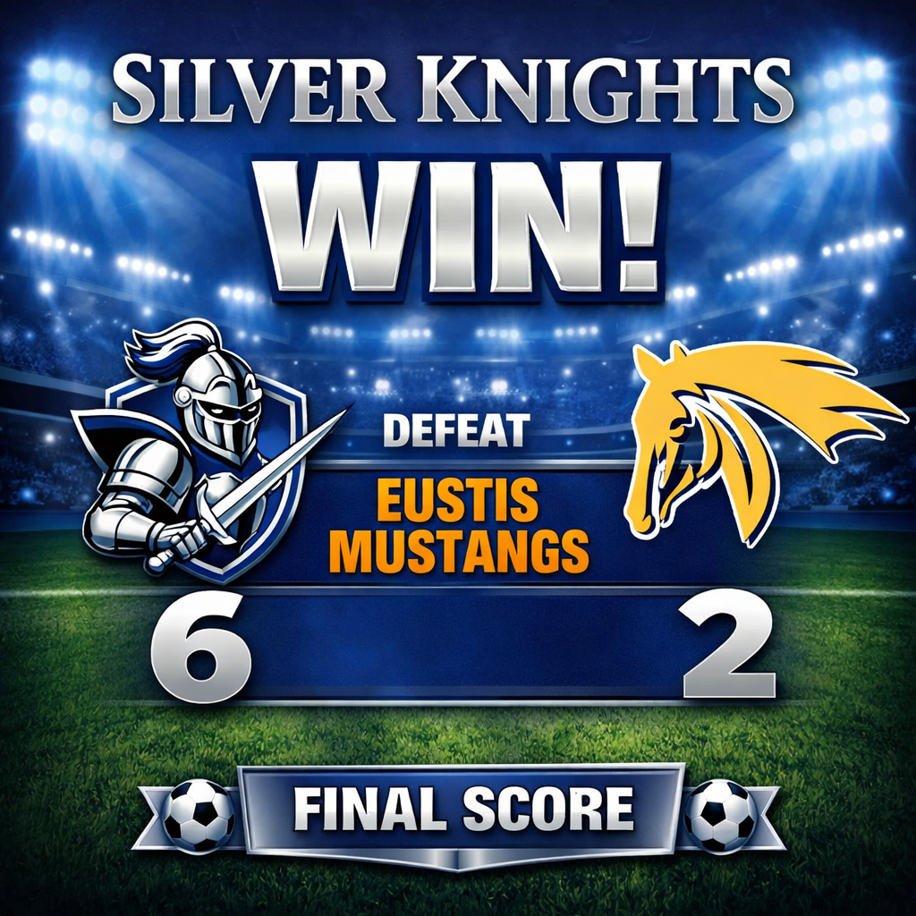 Graphic celebrating a soccer victory. Oak Park Middle School Silver Knights defeated the Eustis Mustangs with a final score of 6–2. The image shows a knight mascot on the left and a yellow mustang logo on the right, with a stadium background and large text reading “Silver Knights Win” and “Final Score.”