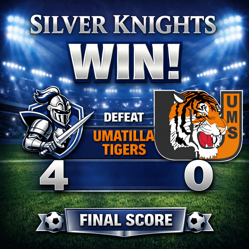 Graphic celebrating a soccer victory. Oak Park Middle School Silver Knights defeated the Umatilla Tigers with a final score of 4–0. The image shows a knight mascot on the left and the Umatilla Tigers logo on the right, with a stadium background and large text reading “Silver Knights Win” and “Final Score.”