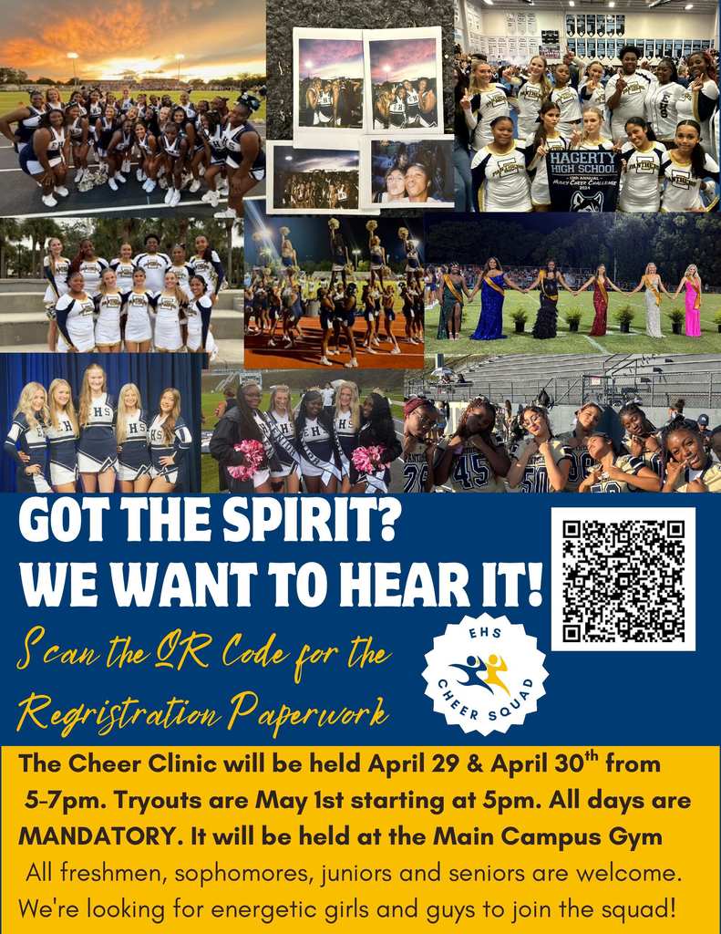 Cheer Clinic April 29th-April 30th 5pm-7pm in the Main Campus Gym.
