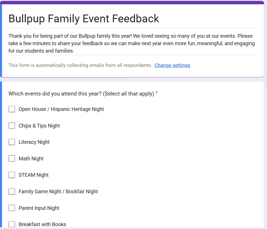 Google form survey for Family Engagement events at Tavares Elementary School