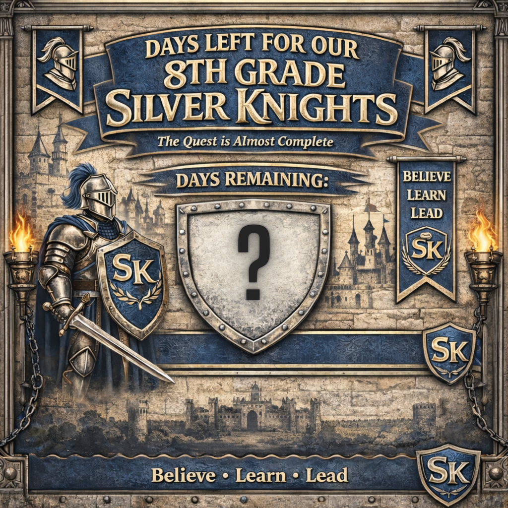 A medieval-themed graphic displays a countdown for 8th grade students with the title “Days Left for Our 8th Grade Silver Knights” and the phrase “The Quest is Almost Complete.” The design features a knight in armor, castle imagery, torches, and blue and silver banners. A central shield shows a question mark where the number of days remaining is updated daily. The phrase “Believe • Learn • Lead” appears at the bottom. The display represents 32 days remaining in the countdown.