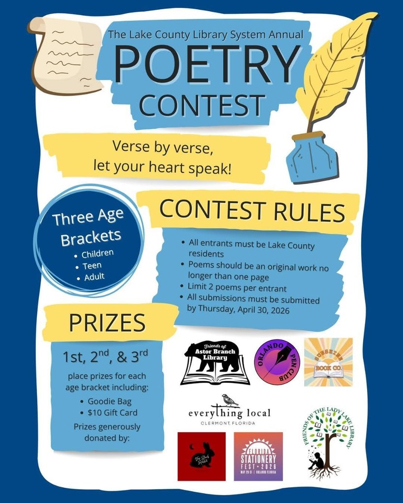 Poetry contest flyer for Lake County Residents.   3 age brackets: children, teen, adult  Poems must be submitted by April 30th.  Only 2 poems per entrant. Original work only.