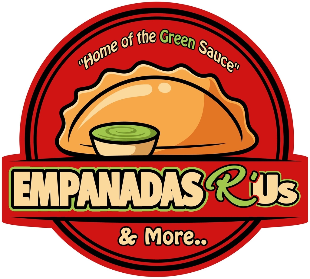  Round red logo featuring a cartoon empanada and a small bowl of green dipping sauce. Text around the image reads “Home of the Green Sauce” and “EMPANADAS Rius & More..” The design uses bold outlines and a playful, food-truck style.