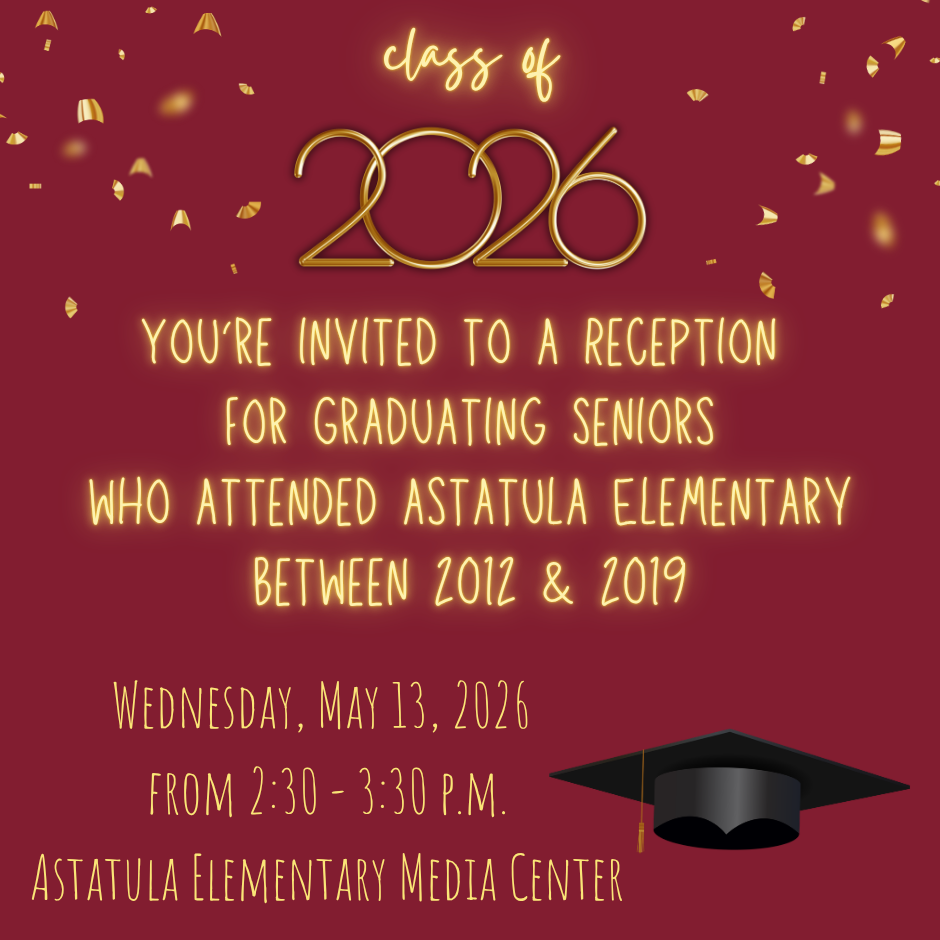 Graduating seniors that attended AES between 2012-2019 are invited to a  reception on May 13 from 2:30-3:30 in the media center. 