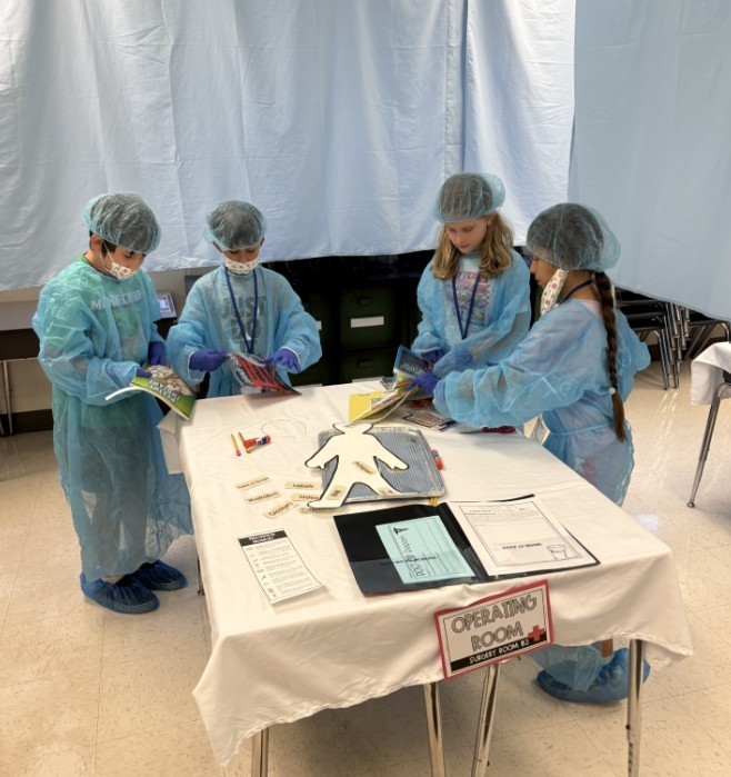 Elementary students wearing light-blue disposable gowns, hairnets, and shoe covers work at white tables inside makeshift cubicles formed by light-blue drapes. Red-and-white "RESTRICTED AREA AUTHORIZED EMPLOYEES -ONLY-" signs are posted on the drapes. Classroom details—storage cabinets, a large flat-screen TV, educational posters including numbers 1–10 and a "MATH" poster, a wall clock, and a dark gray shag rug in the aisle—are visible in the background. The scene resembles a simulated lab or role-play activity.