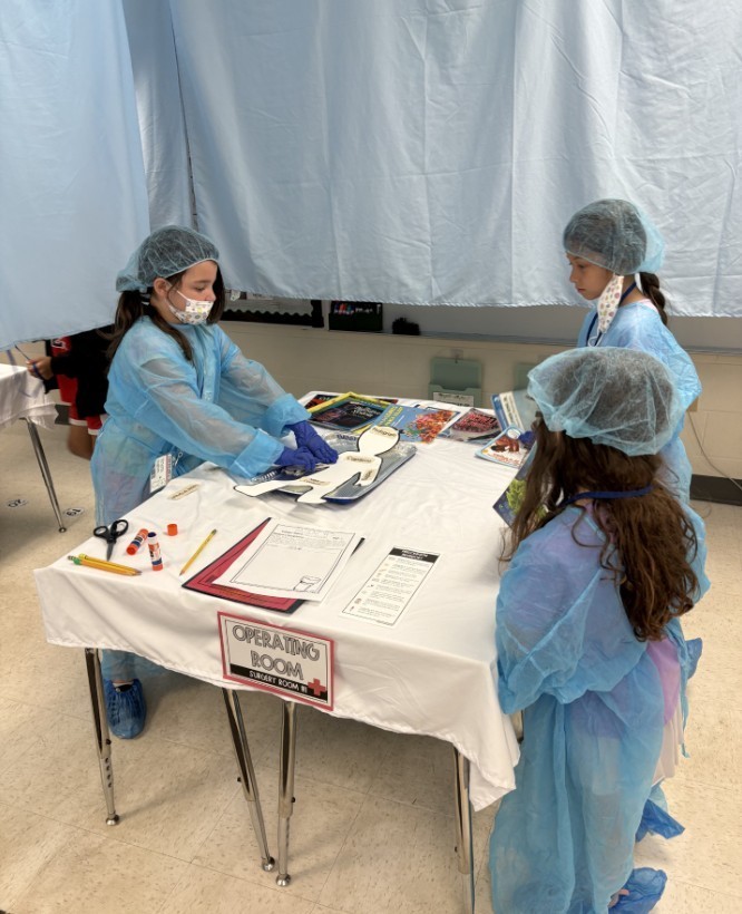 Elementary students wearing light-blue disposable gowns, hairnets, and shoe covers work at white tables inside makeshift cubicles formed by light-blue drapes. Red-and-white "RESTRICTED AREA AUTHORIZED EMPLOYEES -ONLY-" signs are posted on the drapes. Classroom details—storage cabinets, a large flat-screen TV, educational posters including numbers 1–10 and a "MATH" poster, a wall clock, and a dark gray shag rug in the aisle—are visible in the background. The scene resembles a simulated lab or role-play activity.