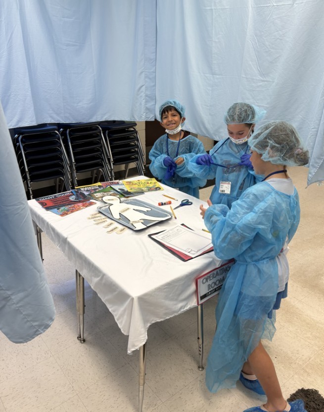 Elementary students wearing light-blue disposable gowns, hairnets, and shoe covers work at white tables inside makeshift cubicles formed by light-blue drapes. Red-and-white "RESTRICTED AREA AUTHORIZED EMPLOYEES -ONLY-" signs are posted on the drapes. Classroom details—storage cabinets, a large flat-screen TV, educational posters including numbers 1–10 and a "MATH" poster, a wall clock, and a dark gray shag rug in the aisle—are visible in the background. The scene resembles a simulated lab or role-play activity.