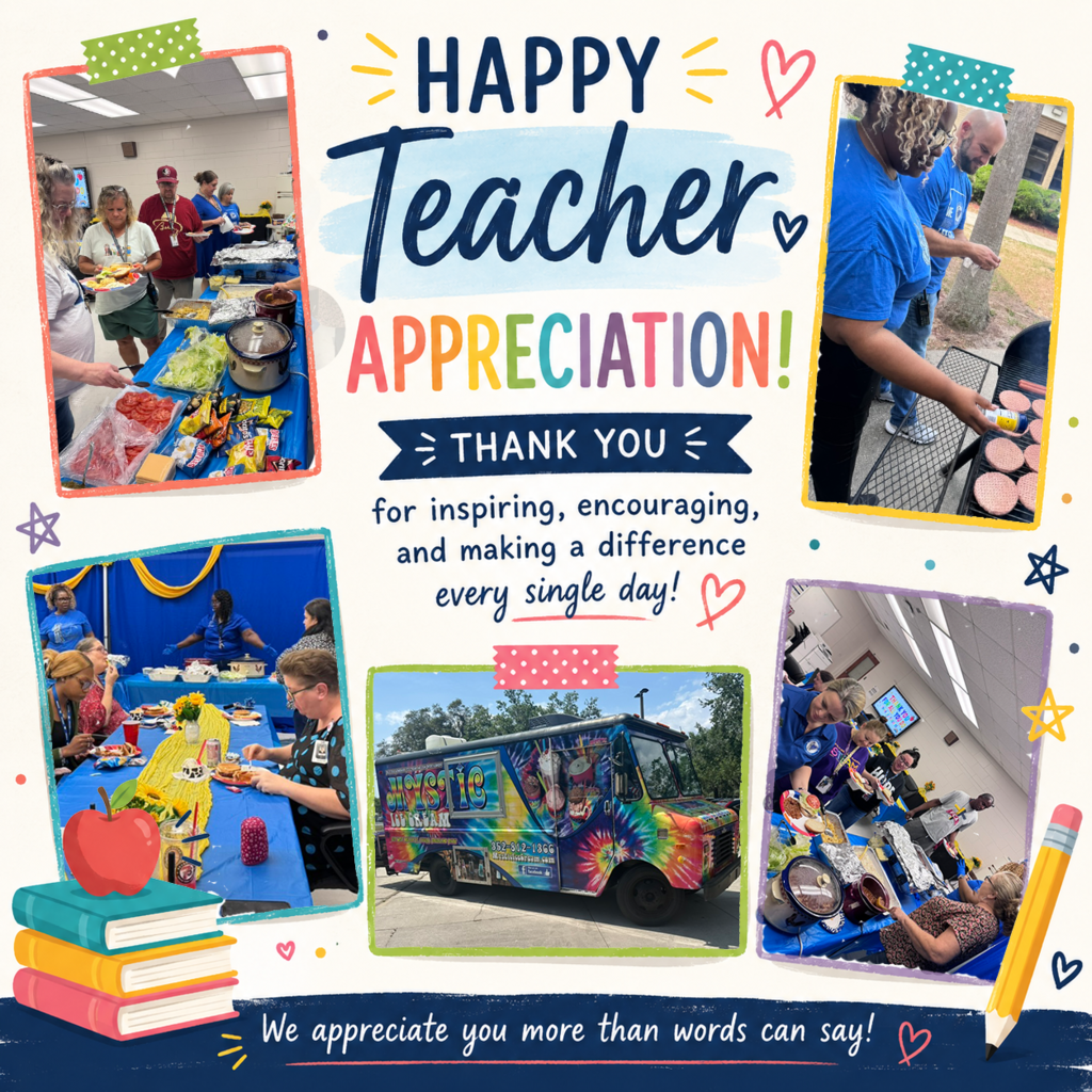 Collage-style Teacher Appreciation graphic featuring five photos from Oak Park Middle School staff celebration events. The center of the image reads “Happy Teacher Appreciation!” with colorful handwritten-style text and doodles. Photos show teachers and staff enjoying meals together, grilling food outdoors, and visiting the Mystic Ice Cream truck. Decorative school-themed graphics include books, pencils, hearts, and stars. A banner at the bottom says, “We appreciate you more than words can say!”