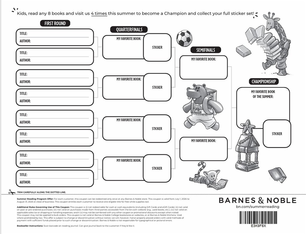 Barnes and Noble Summer Reading Challenge:  Read 8 books, visit the store 4 times & collect your stickers