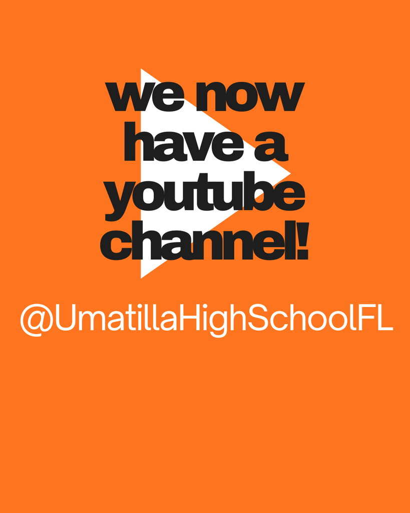 black witinng on an orange background and a white arrow resembling a youtube play button.