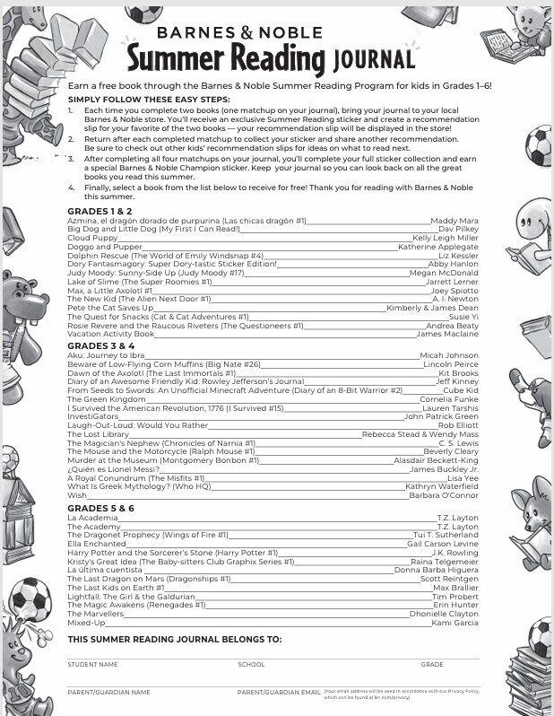 Directions for Barnes & Noble Summer Reading Journal.  Read books from the list and bring your journal to Barnes and Noble.