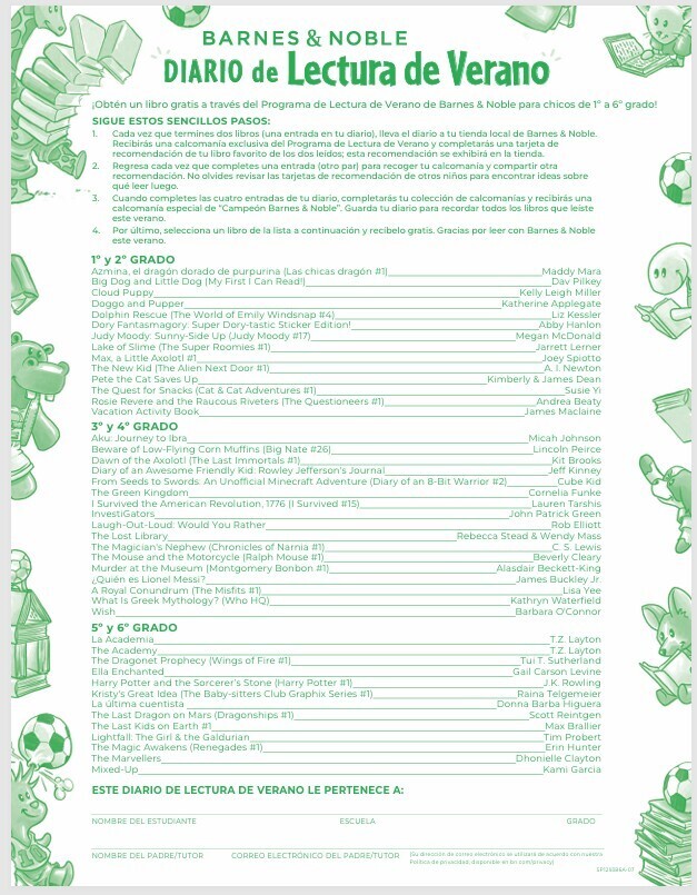 Spanish version of the Barnes and Noble Summer Reading Flyer